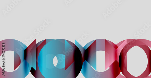 Abstract composition featuring overlapping circles. Red, blue hues dominate design. Minimalist aesthetic, clean lines present. Modern visual element.