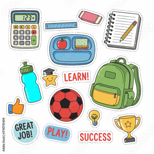 School sticker set: calculator, ruler, notebook, lunch tray, backpack, trophy, soccer ball, water bottle, and text like “LEARN!” and “SUCCESS”—great for kids’ rewards and classroom decor.