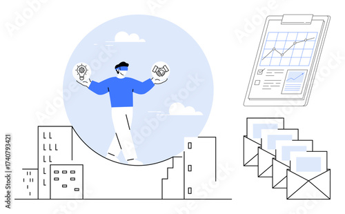 Individual balancing lightbulb and handshake atop buildings. Nearby are a report chart clipboard and email envelopes. Ideal for innovation, decision-making, leadership, planning, strategy