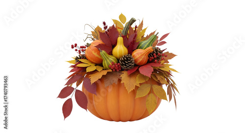 Decorative Autumn Pumpkin Centerpiece with Gourd Leaves and Berries for Fall Harvest Decor