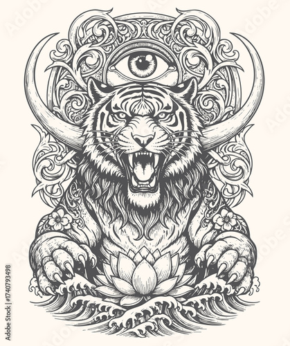 Detailed Handdrawn Tiger with Third Eye and Ornate Decoration Illustration