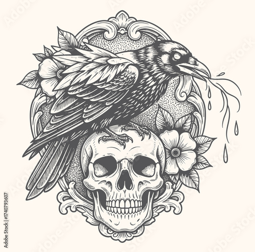 Detailed Engraved Raven Perched on Skull with Floral Ornament Illustration