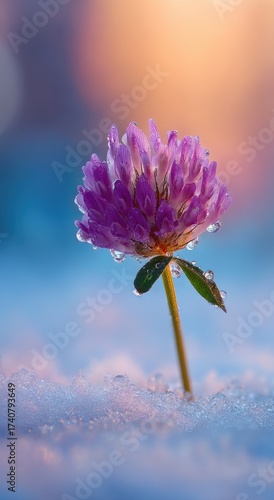 Purple flower covered in white snow stands out in a beautiful winter landscape at sunrise