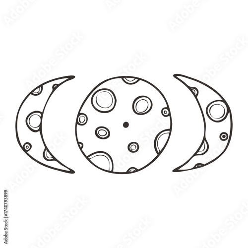 Non-AI Vector moon phases. Full moon, waxing crescent, waning crescent isolated on white background.