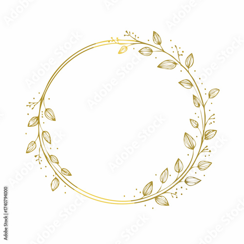 Gold circle frame, elegant wreath round border. Hand drawn doodle sketch style. Floral circle frame, flourish design element for wedding, greeting card. 