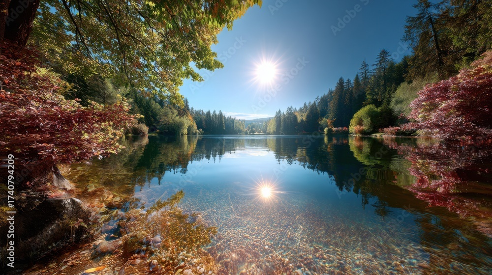 Obraz premium Beautiful lake with calm reflections and bright red leaves under a clear blue sky