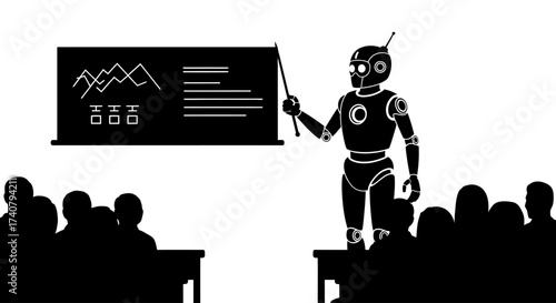 Futuristic robot giving presentation to audience with charts and data