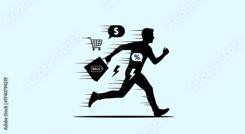 Silhouette of man running with sale bag surrounded by shopping and money icons on white background