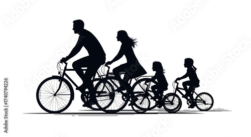 Silhouette of family riding bicycles in single file on white background