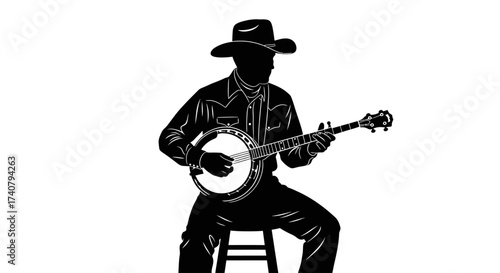 Silhouette of sitting on stool playing banjo wearing hat and shirt