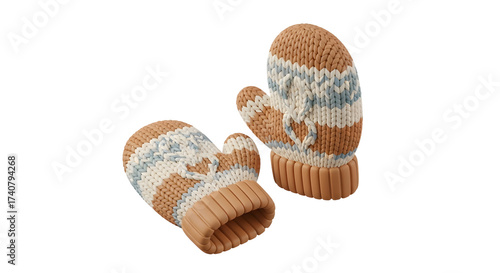 Knitted Baby Mittens in Warm Beige Blue and White Colors for Newborns