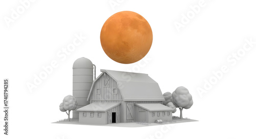 Large Orange Moon Above White Farmhouse with Trees and Silos in Minimalist Style