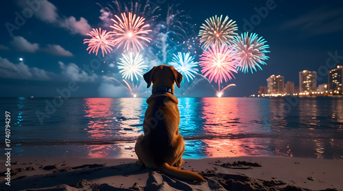 Dog with fireworks new year's eve. Cute puppy sitting on beach, watching colorful fireworks night sky, reflection ocean water background, christmas holiday event vacation memory with loving pet animal