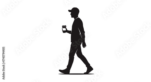 Young man in silhouette wearing a cap confidently walks with a coffee cup