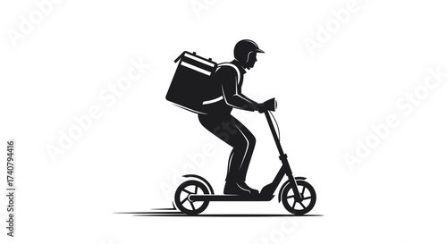 Dynamic delivery person races on electric scooter with insulated backpack