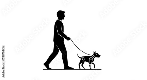Silhouette of a professional man confidently walking his  small dog