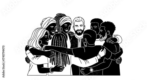 Diverse group of friends and colleagues embracing warmly