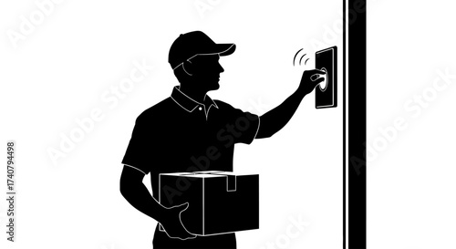 Professional delivery person with package rings smart doorbell