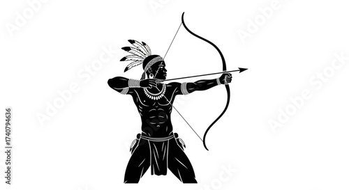 Powerful tribal warrior aiming bow and arrow