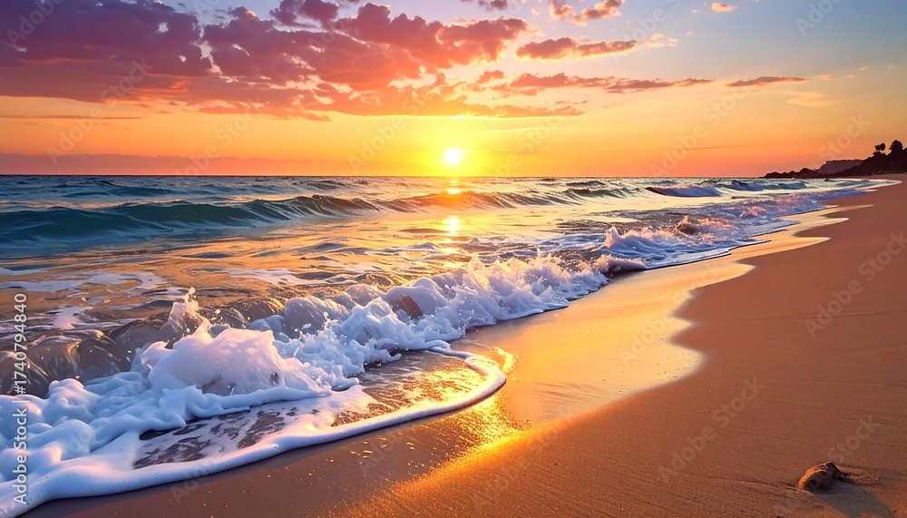 Fototapeta premium A captivating beach scene at dusk where the sun dips below the horizon, painting the sky with vibrant colors, waves rolling onto the shore
