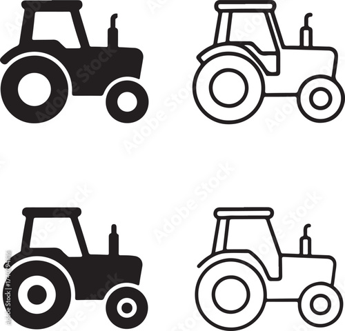 Tractor icon set, farming tractor icons, agricultural machinery symbols, tractor vehicle design, farm tractor icon vector, modern minimal tractor icon, isolated tractor icon collection