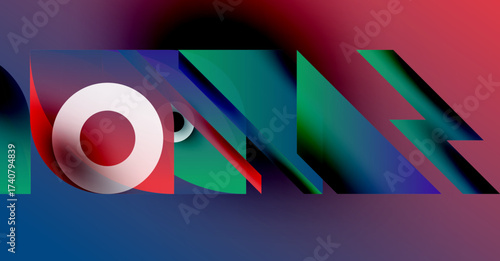 Abstract colorful design. Geometric shapes overlap creating dynamic visual effect. Bright hues blend, forming modern composition.