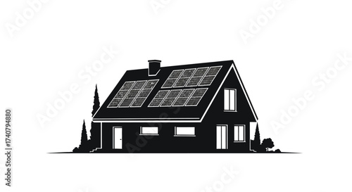 Modern home silhouette with solar panels