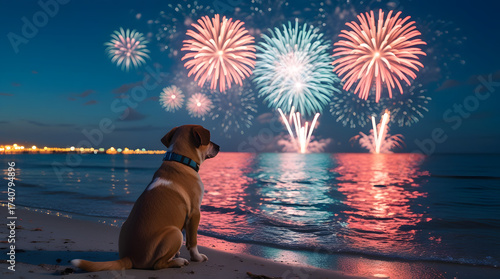 Dog with fireworks new year's eve. Cute puppy sitting on beach, watching colorful fireworks night sky, reflection ocean water background, christmas holiday event vacation memory with loving pet animal