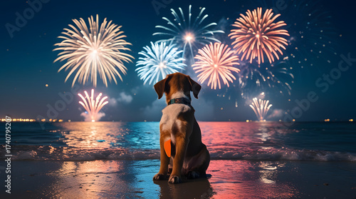 Dog with fireworks new year's eve. Cute puppy sitting on beach, watching colorful fireworks night sky, reflection ocean water background, christmas holiday event vacation memory with loving pet animal