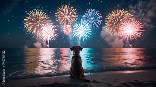 Dog with fireworks new year's eve. Cute puppy sitting on beach, watching colorful fireworks night sky, reflection ocean water background, christmas holiday event vacation memory with loving pet animal
