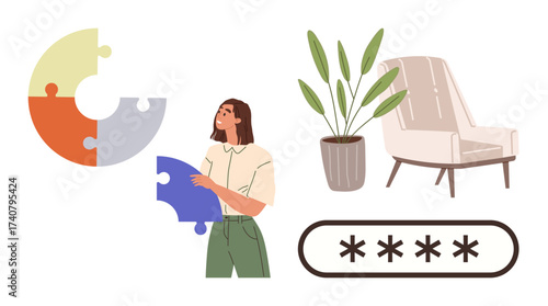 Woman holding large puzzle piece, modern chair, potted plant, segmented circular puzzle, and password input. Ideal for teamwork, interior design, security, creativity problem-solving nature