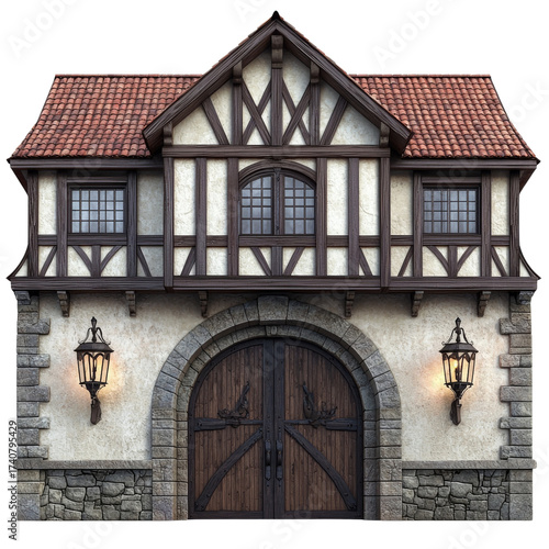 Detailed Facade of a Medieval Structure with Stone Arches and Wood Framing