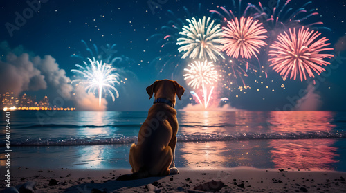Dog with fireworks new year's eve. Cute puppy sitting on beach, watching colorful fireworks night sky, reflection ocean water background, christmas holiday event vacation memory with loving pet animal