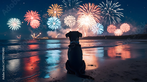 Dog with fireworks new year's eve. Cute puppy sitting on beach, watching colorful fireworks night sky, reflection ocean water background, christmas holiday event vacation memory with loving pet animal