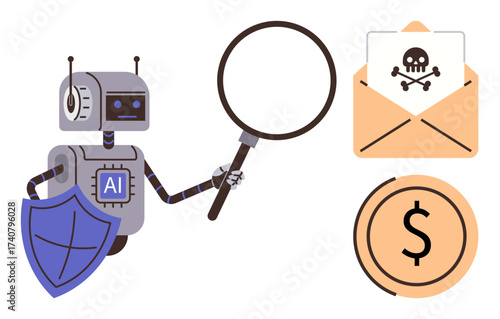 AI robot with shield uses magnifying glass to inspect malicious email and currency icon. Ideal for cybersecurity, AI, threat detection, data protection, financial security, cybercrime prevention