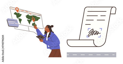 Person interacts with a digital map for travel planning while holding a tablet. Signed document scrolls nearby. Ideal for travel, logistics, planning, remote work, technology, documentation