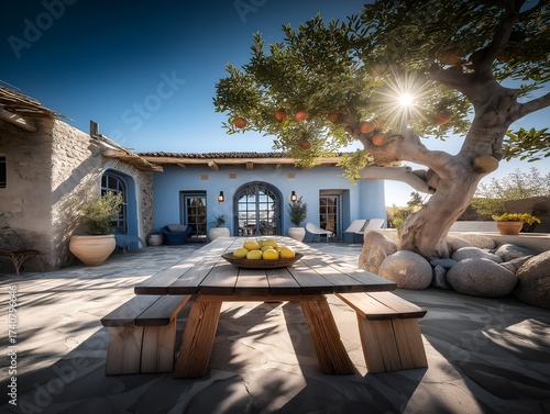 Mediterranean patio with pomegranate tree and cozy seating area under the sun, charming outdoor design ideal for travel magazine, lifestyle blog or summer catalog
