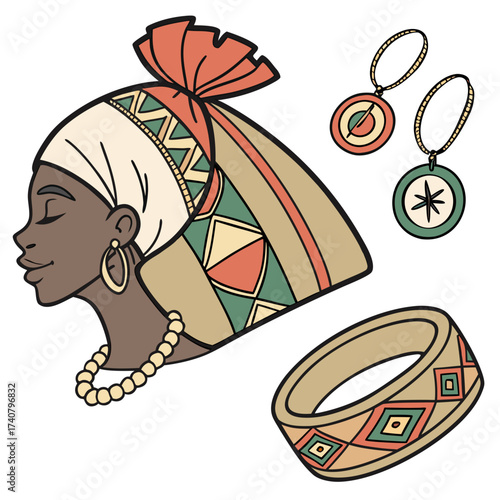 African woman profile with traditional headwrap and jewelry