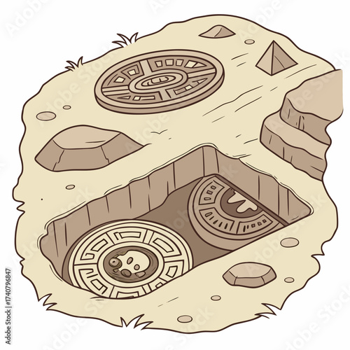 Ancient archaeological dig revealing intricate circular stone carvings and a small pyramid
