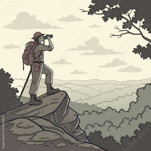 Adventurous hiker with binoculars standing on a rocky cliff overlooking a vast landscape