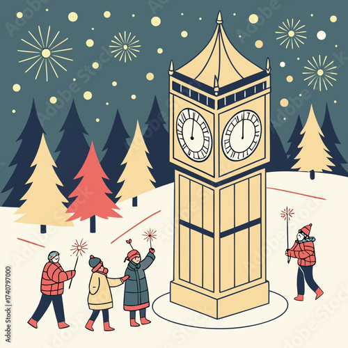 Children celebrating new year s eve with sparklers near big ben