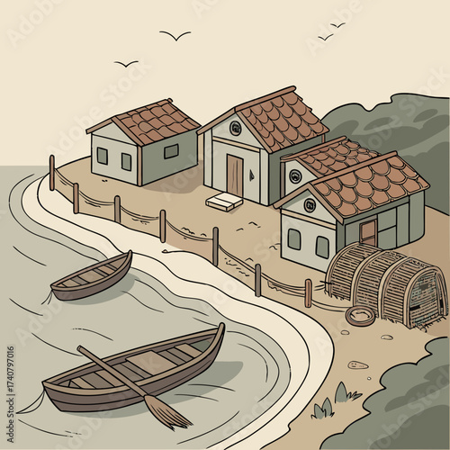 Coastal village with houses boats and fishing traps on a calm day