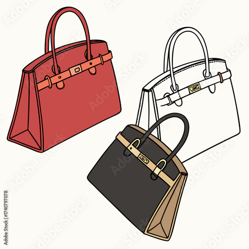 Collection of three stylish handbags in red black and white outlines