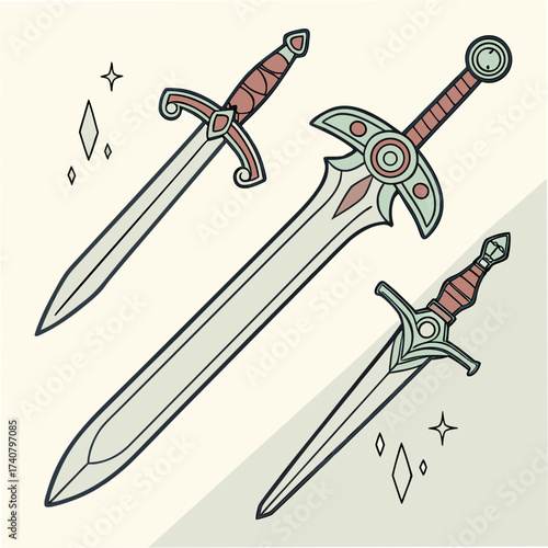 Collection of three stylized fantasy swords with decorative hilts