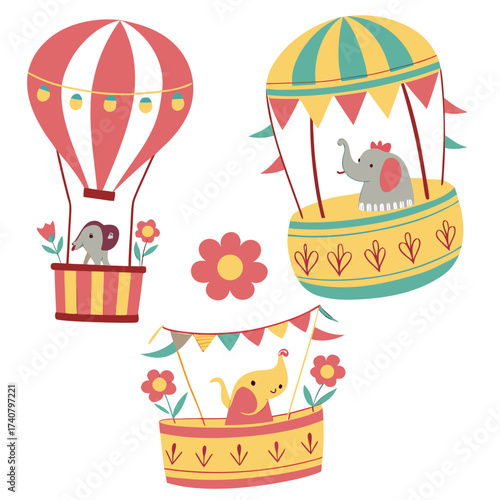 Cute elephants in hot air balloons with flowers and flags