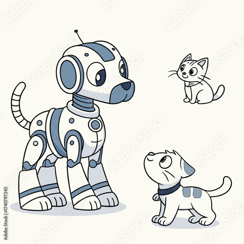 Cute robot dog and playful cat friends cartoon illustration