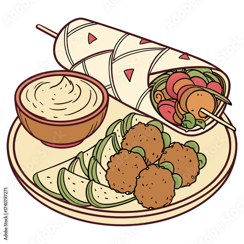 Delicious falafel wrap with dip and sliced cucumber