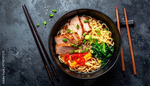Overhead View of Ramen Bowl with Sliced Pork Red Peppers and Green Vegetables on Dark Textured Surface with Chopsticks and Selective Focus
