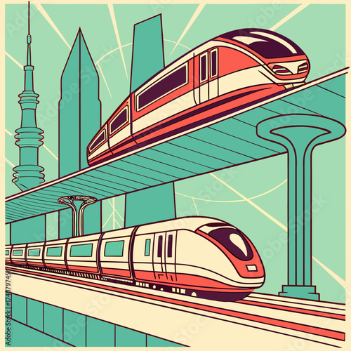 Futuristic city skyline with high speed trains on elevated tracks