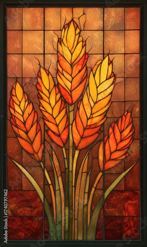 Bright stained-glass depiction of golden wheat with vibrant colors in a decorative panel